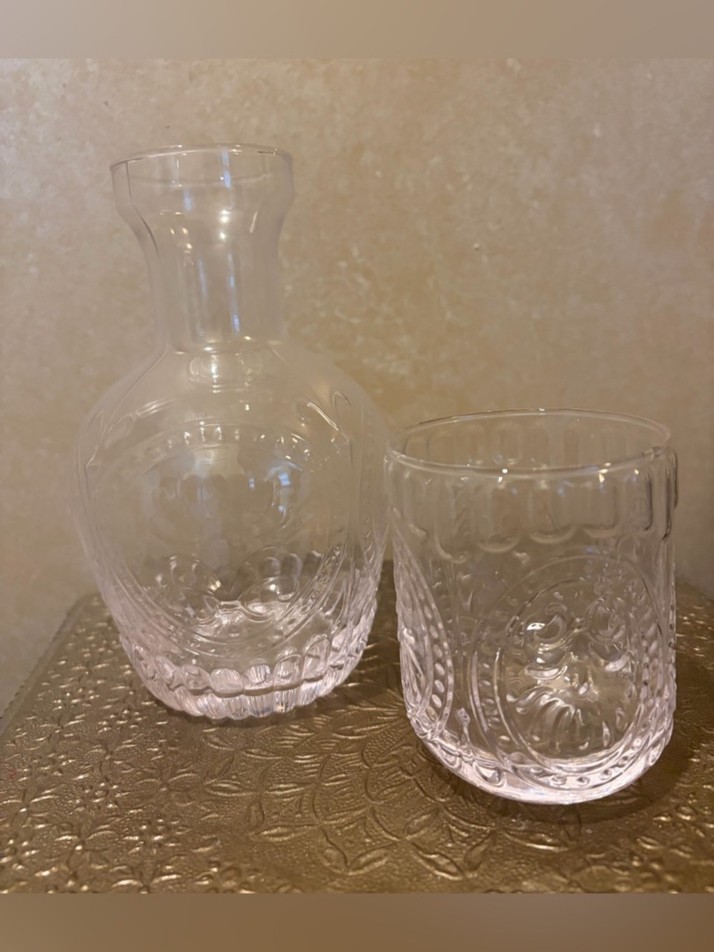 Clear Embossed Bedside Glass Carafe and Cup - Classic Clear NWT